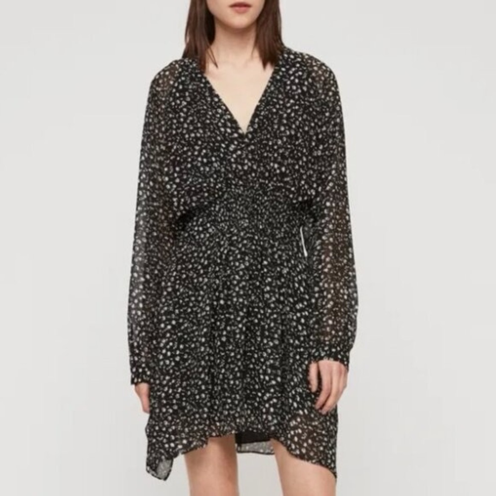 AllSaints Black Nicola Pippa Floral Print V-Neck Long Sleeve Short Dress